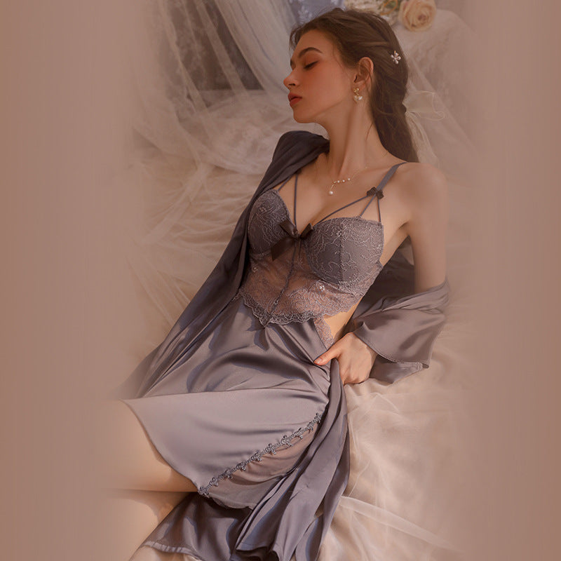 Lace Trim Ice Silk Pajama Set with Robe