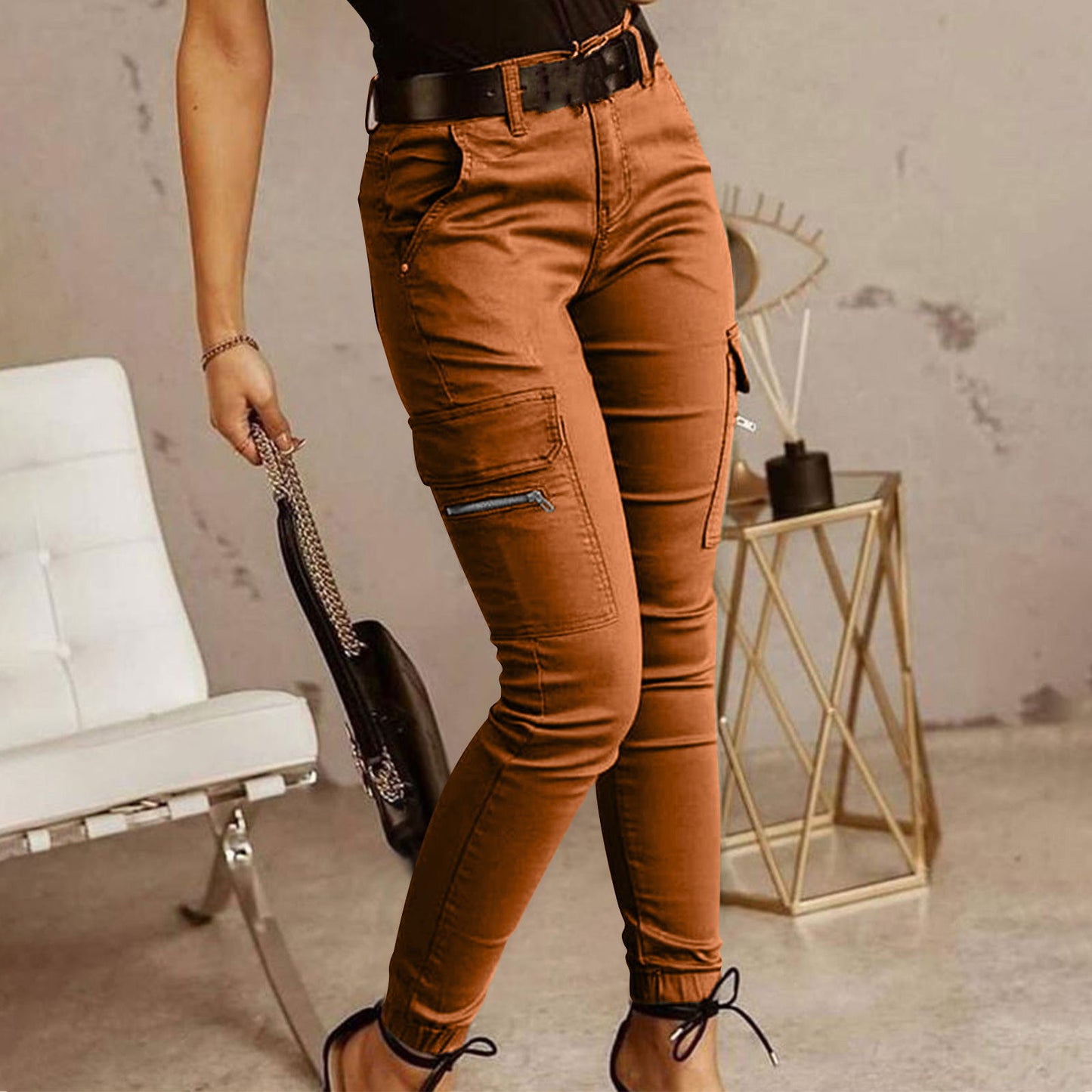 Women's Cotton Cargo Pants with Mid-Rise Waist