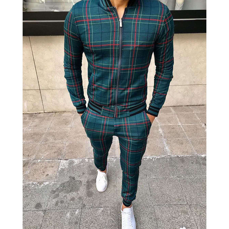 Men's Plaid Zipper Jacket and Pants Casual Sport Suit