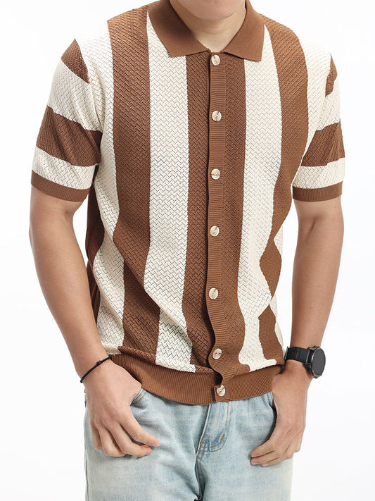 Mens Striped Knit Polo Shirt