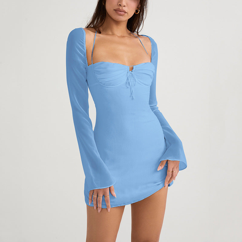 Square Collar Bell Sleeve Backless Dress
