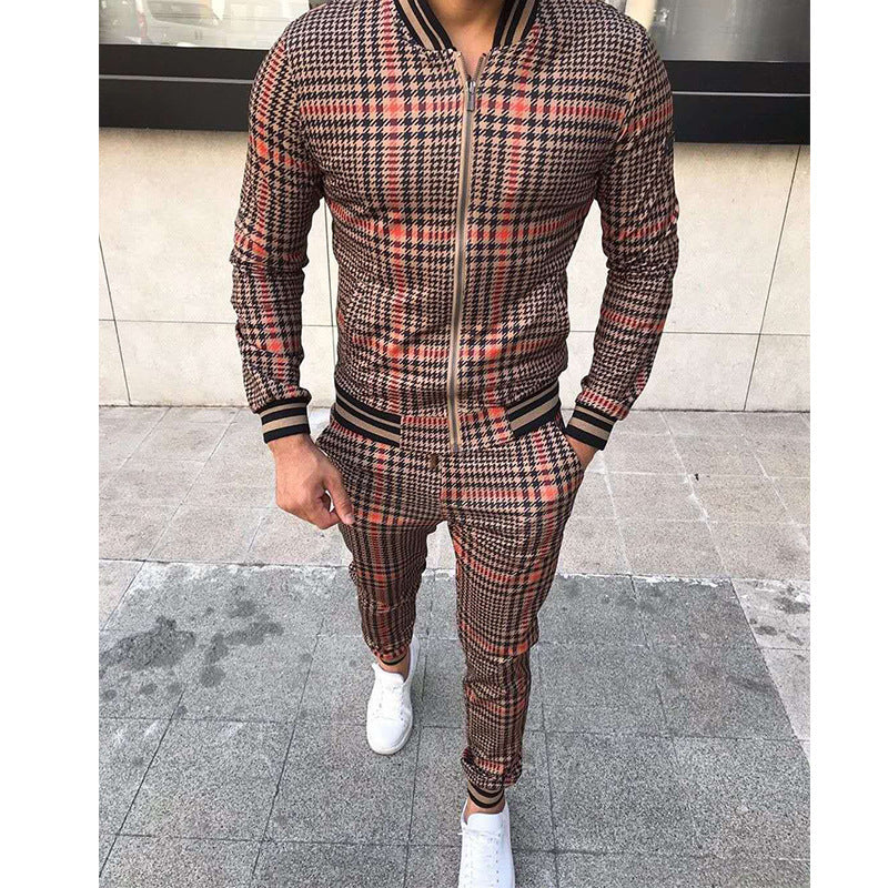 Men's Plaid Zipper Jacket and Pants Casual Sport Suit