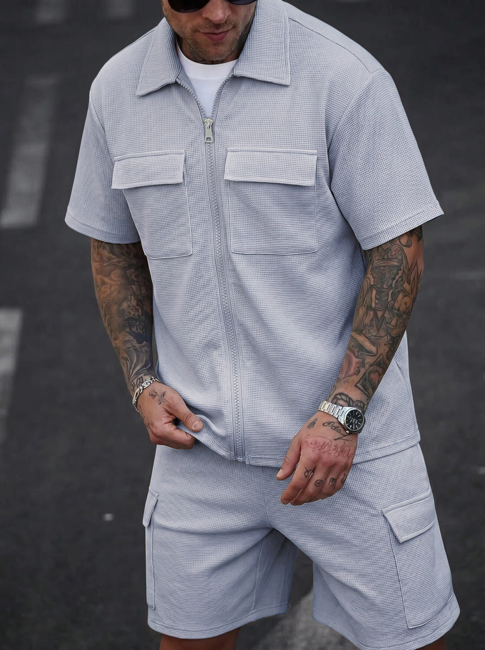 Mens Waffle Zipper Cardigan Shorts Set