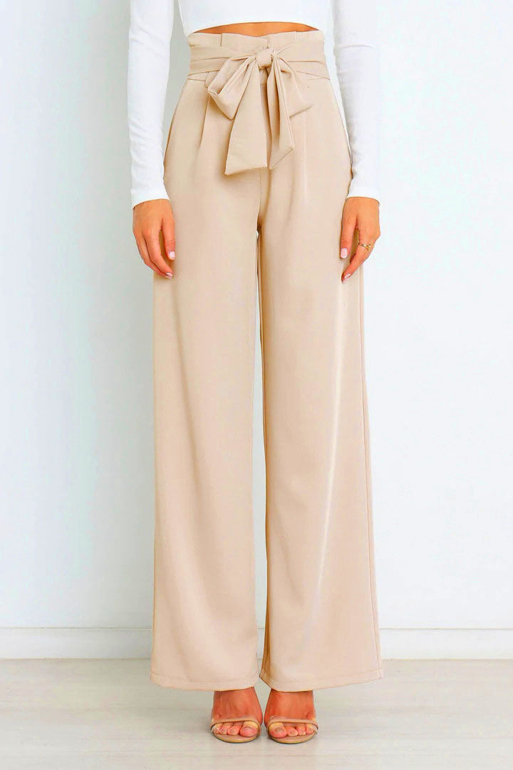 Wide-leg high-waisted lace-up dress pants woman
