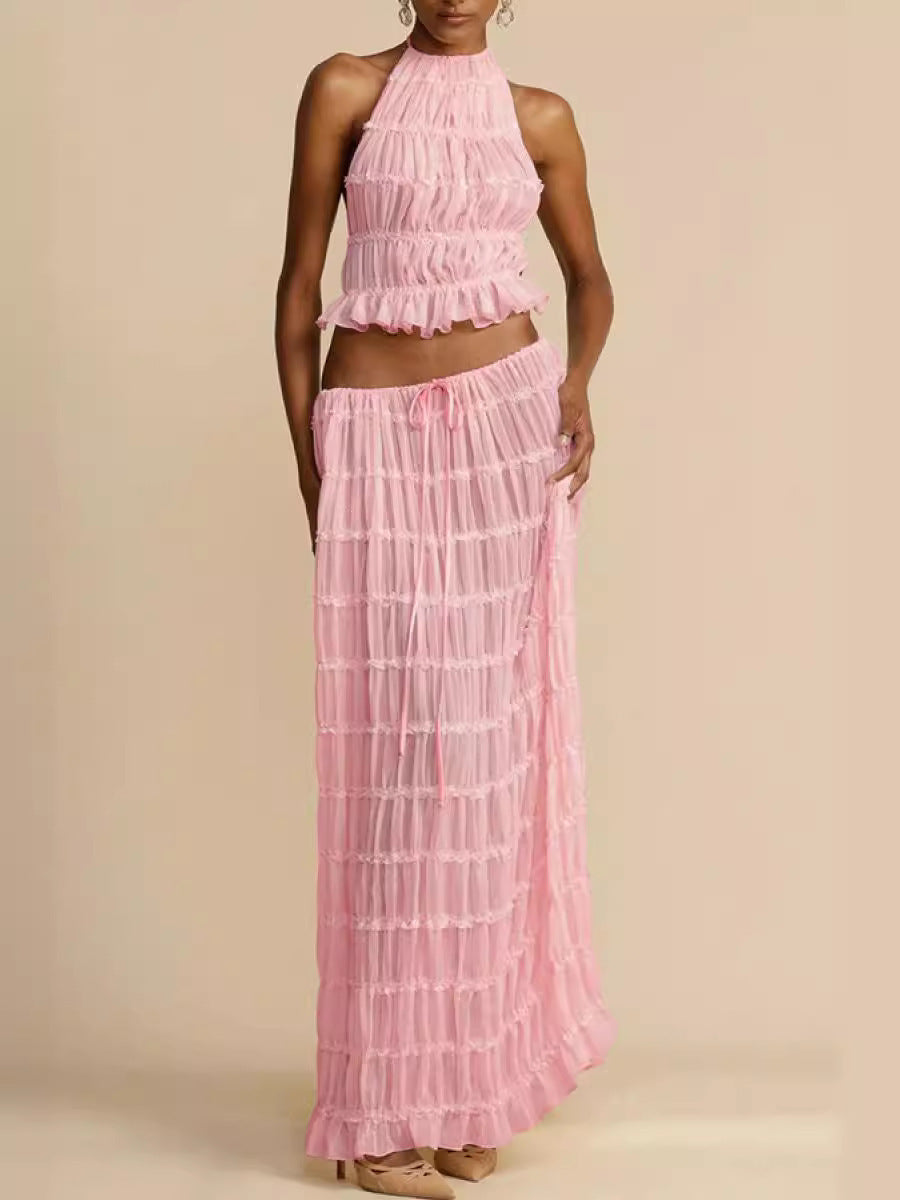 Lace-trimmed halter long dress