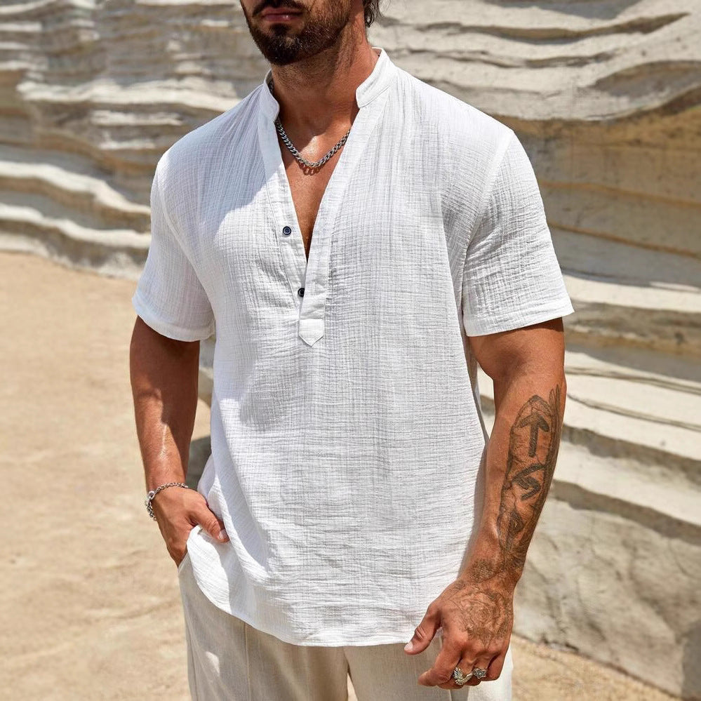 Solid color breathable stand collar short-sleeved shirt