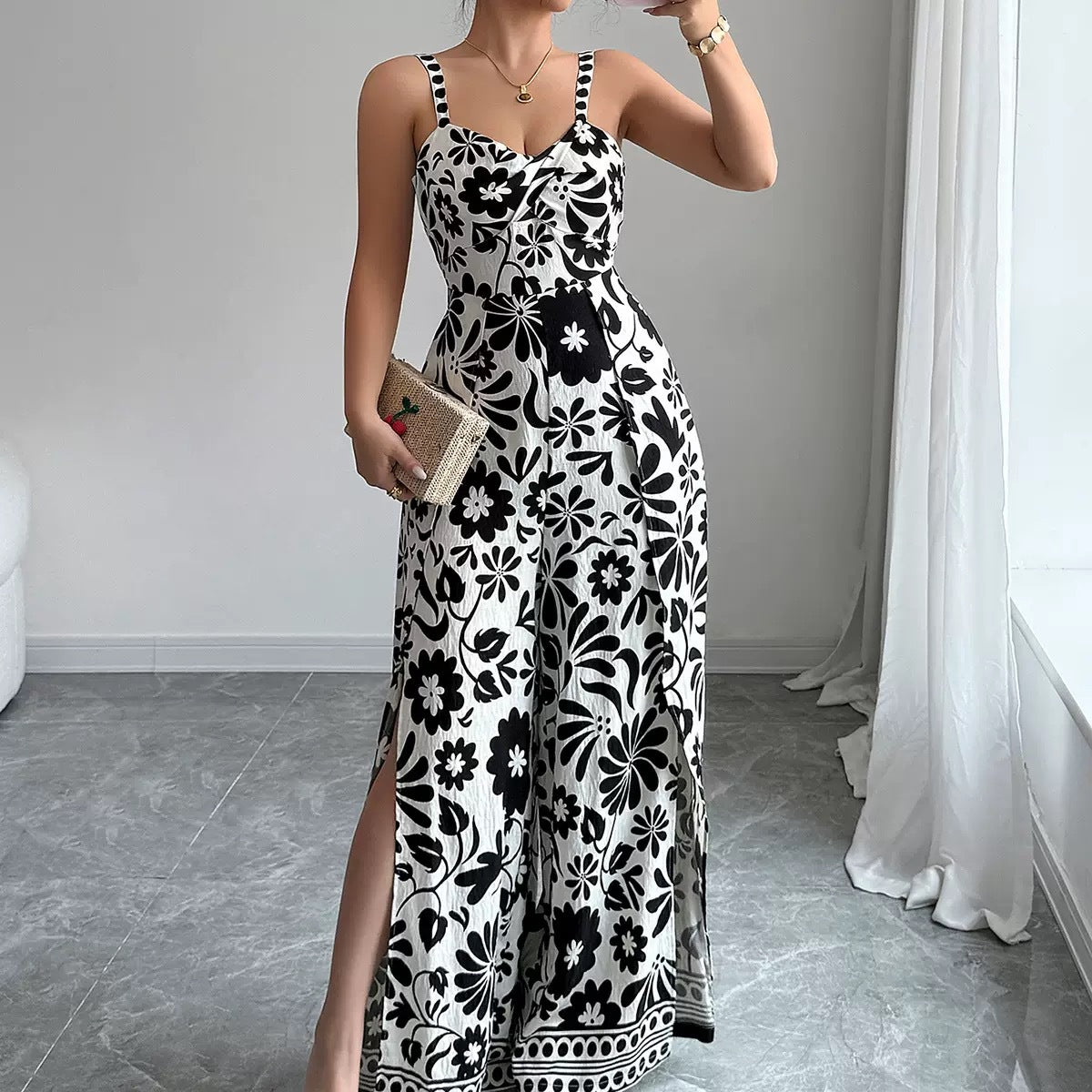 Elegant Printed Backless Wide-Leg Jumpsuit