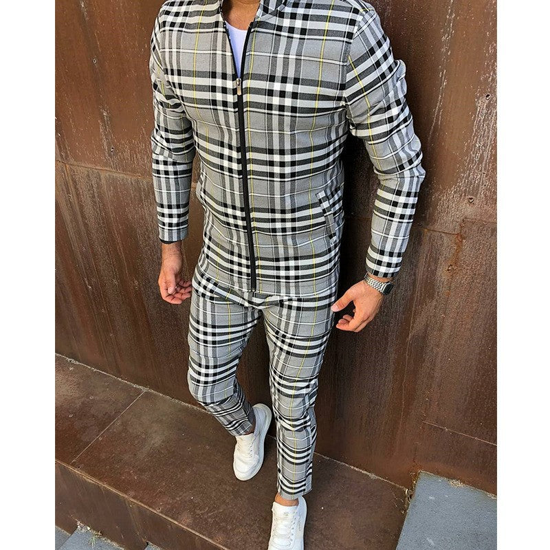Men's Plaid Zipper Jacket and Pants Casual Sport Suit