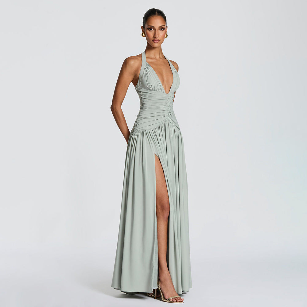 Halter neckline with deep V-back Backless dress