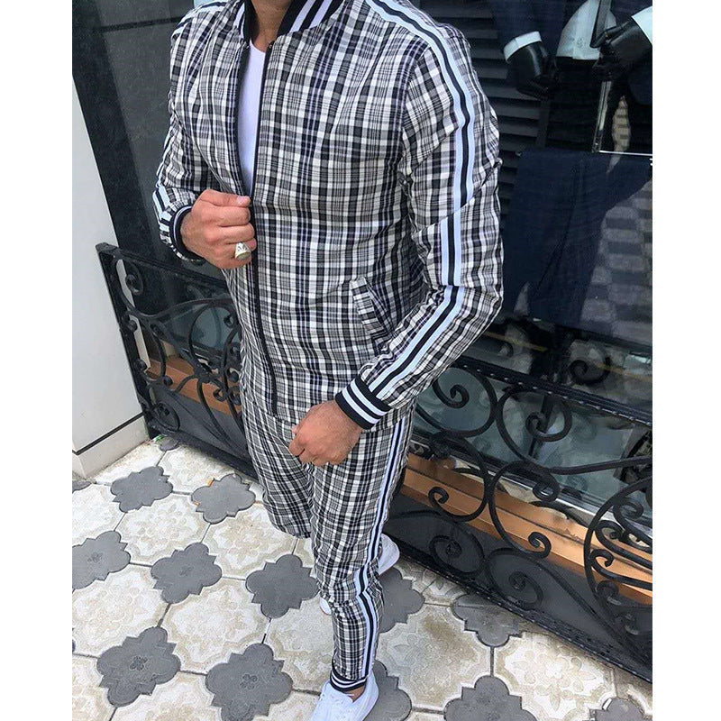 Men's Plaid Zipper Jacket and Pants Casual Sport Suit