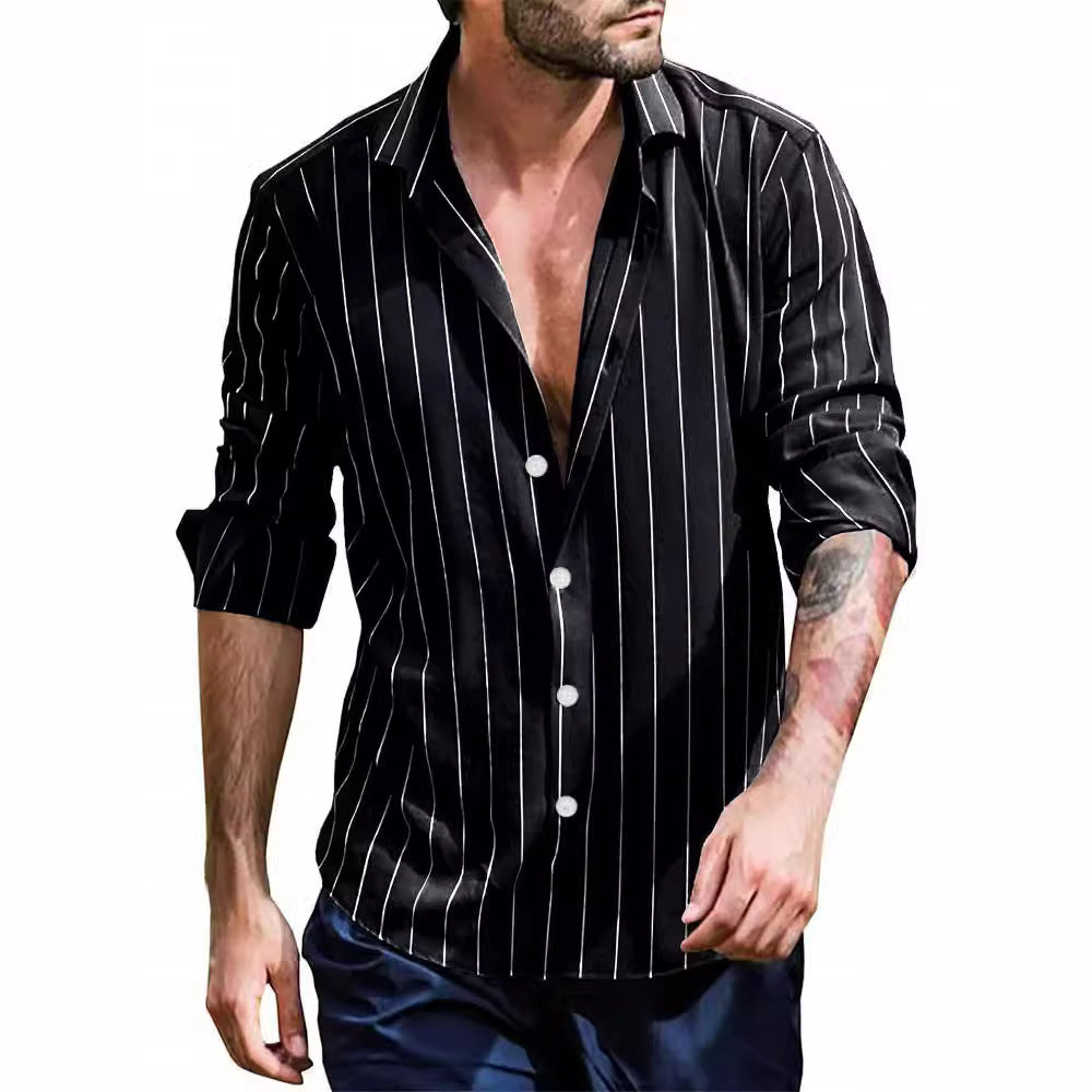 Mens Striped Long Cardigan with Lapel