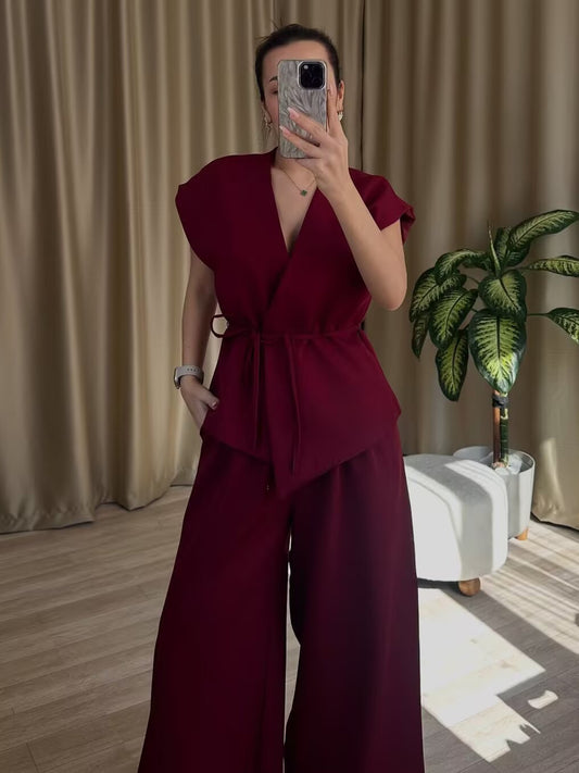 Women's V-Neck Kimono Sleeve Shirt and Pants Set