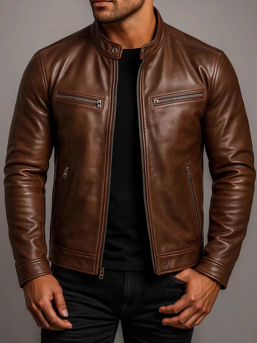 Mens PU Leather Stand Collar Jacket