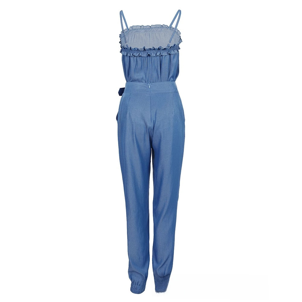 Women's Faux Denim Ruffled Camisole and Pants Set