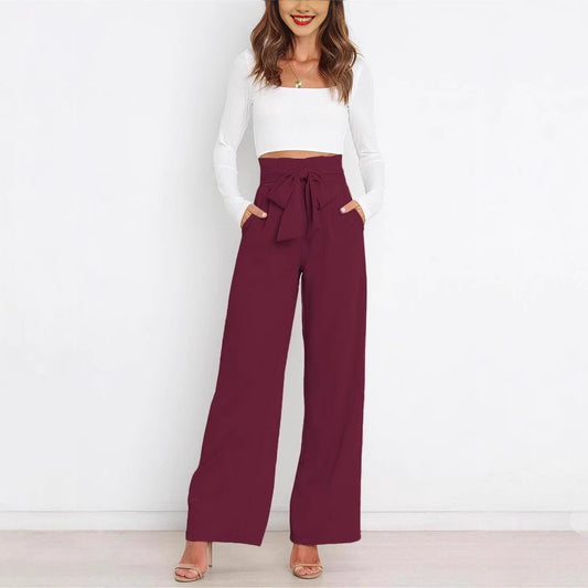 Wide-leg high-waisted lace-up dress pants woman