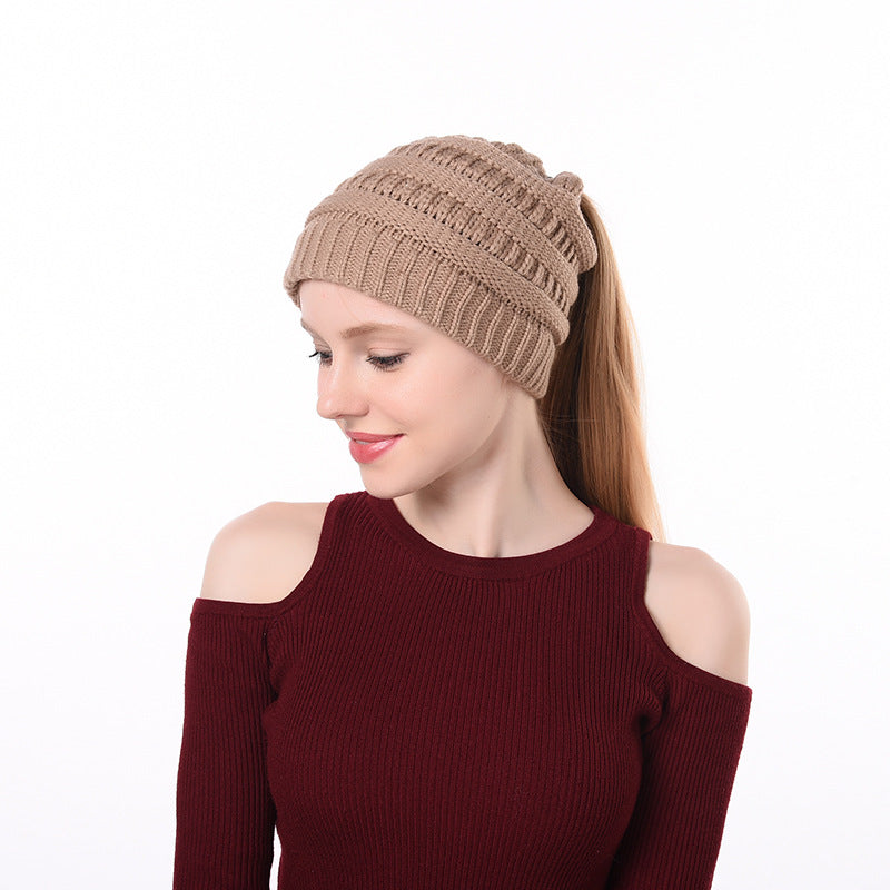Womens Knitted Ponytail Hat Winter Warm Cap