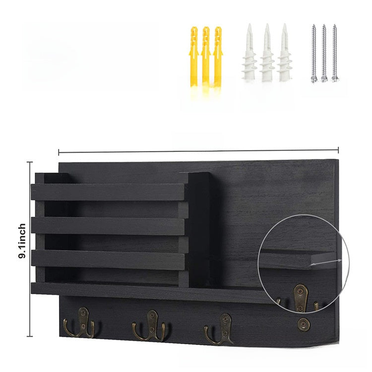 Wall-Mounted Wooden Mail and Key Storage Rack
