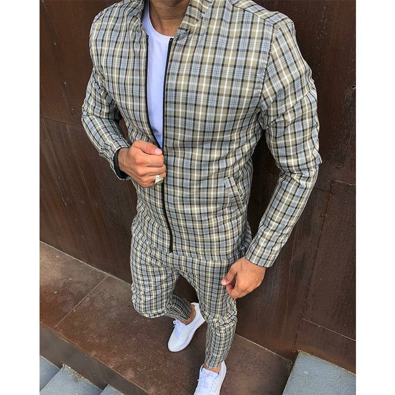 Men's Plaid Zipper Jacket and Pants Casual Sport Suit
