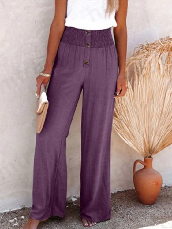 Pantalones casuales de pierna ancha de algodón y lino para mujer 