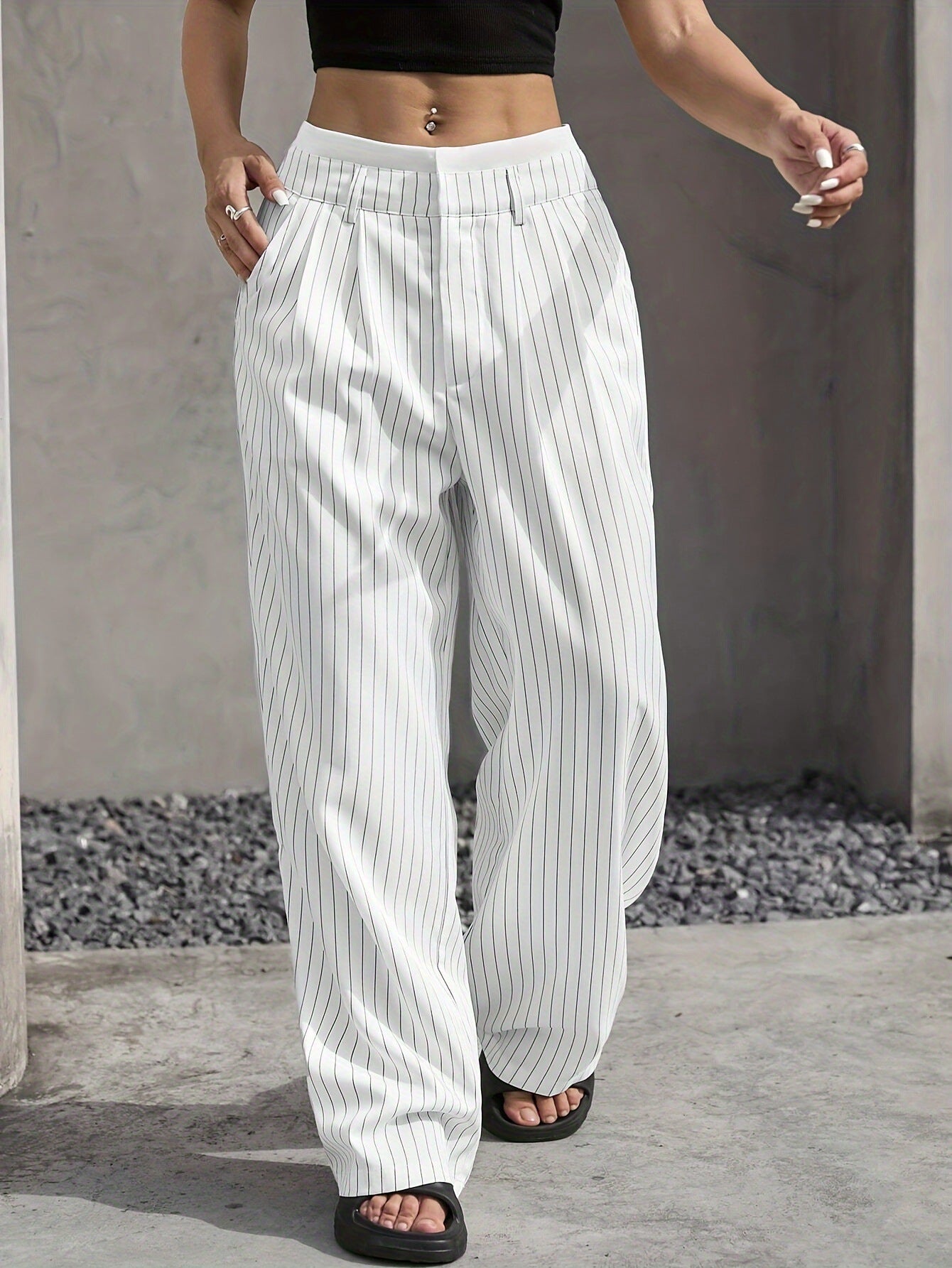 Pantalones de pernera recta a rayas de cintura alta