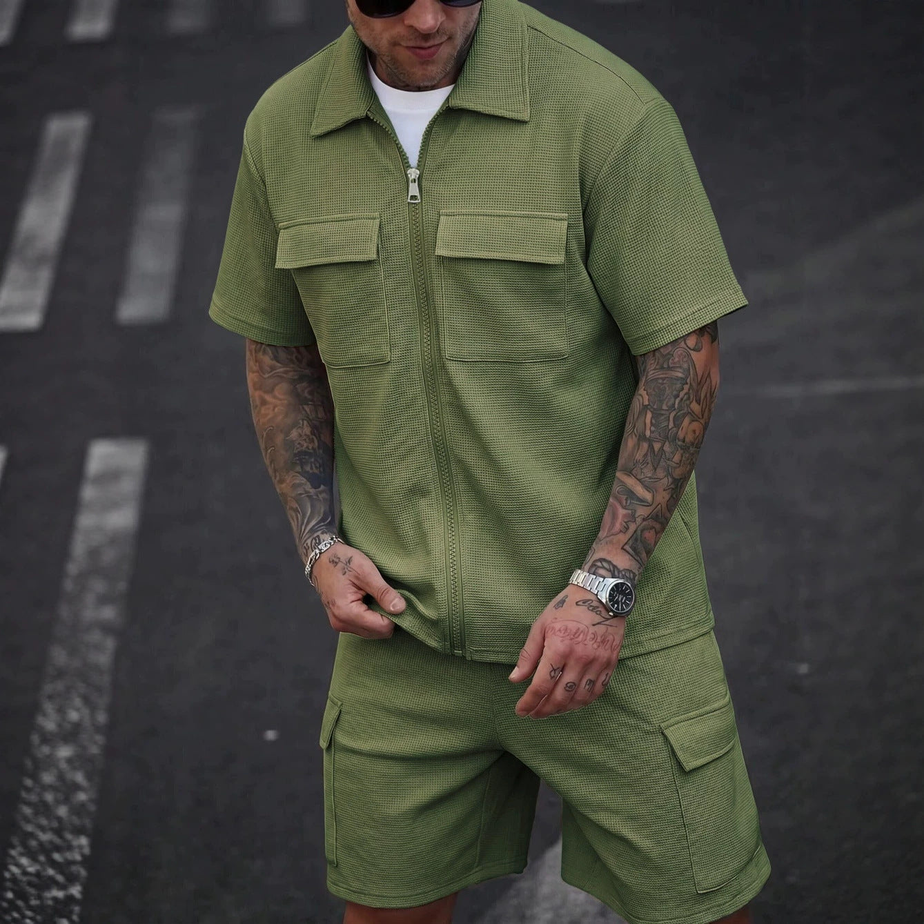 Mens Waffle Zipper Cardigan Shorts Set