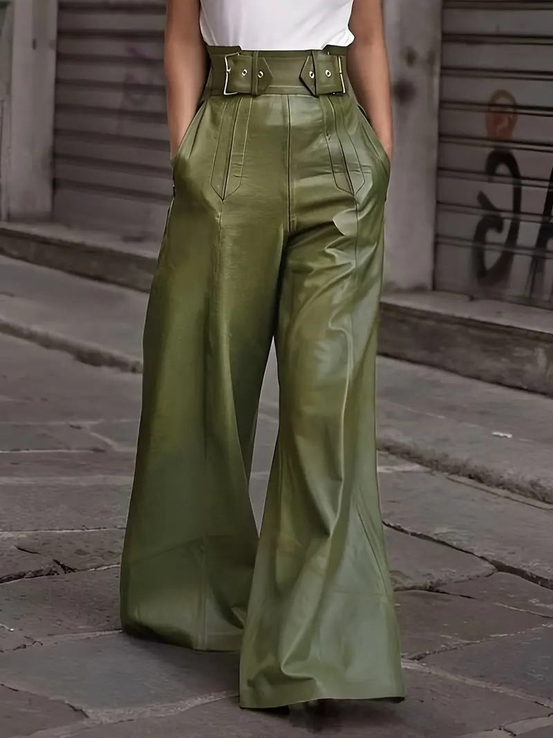 Pantalones de cuero PU acampanados de cintura alta 