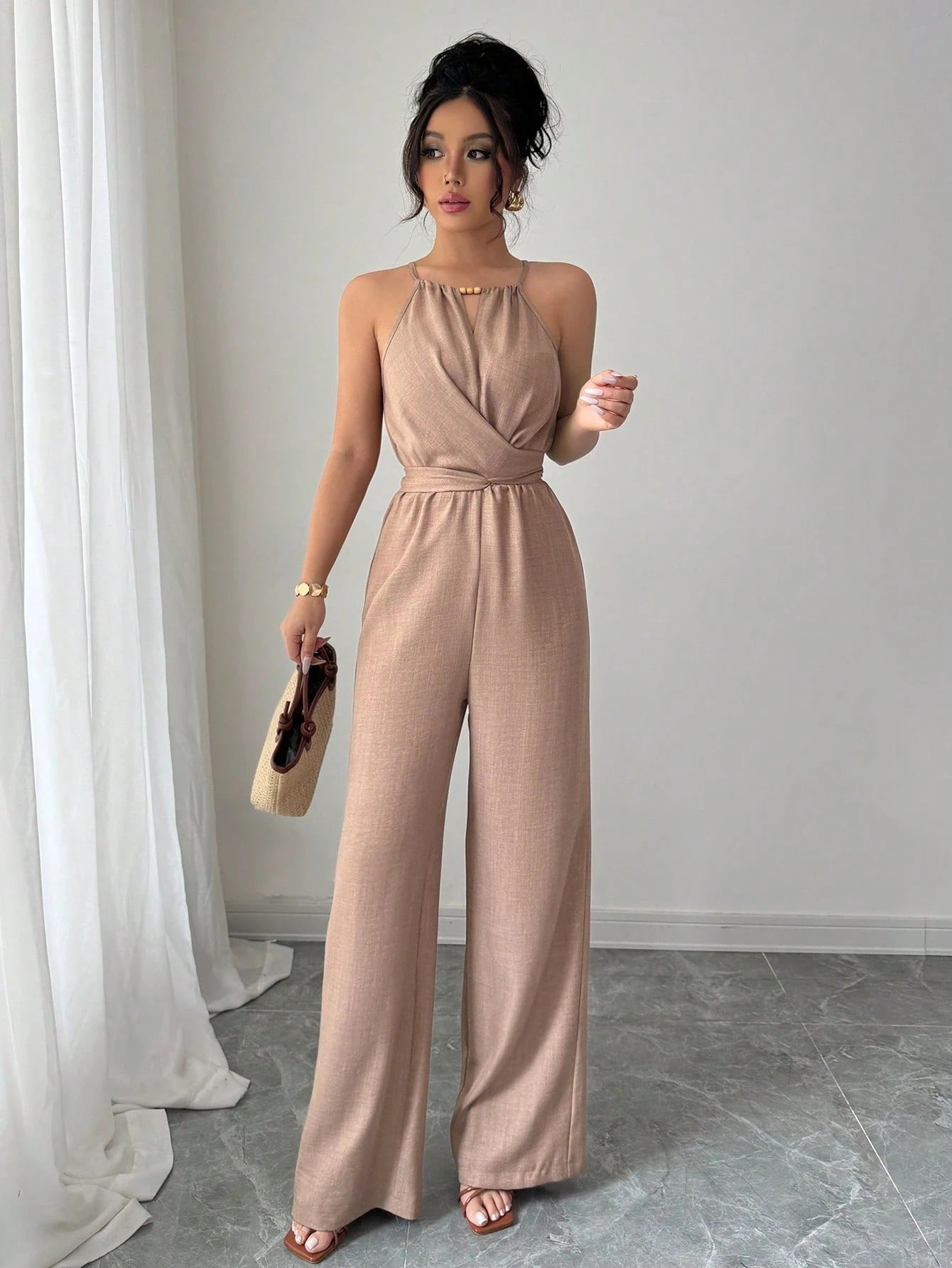 Khaki Pleated Off-Shoulder Jumpsuit