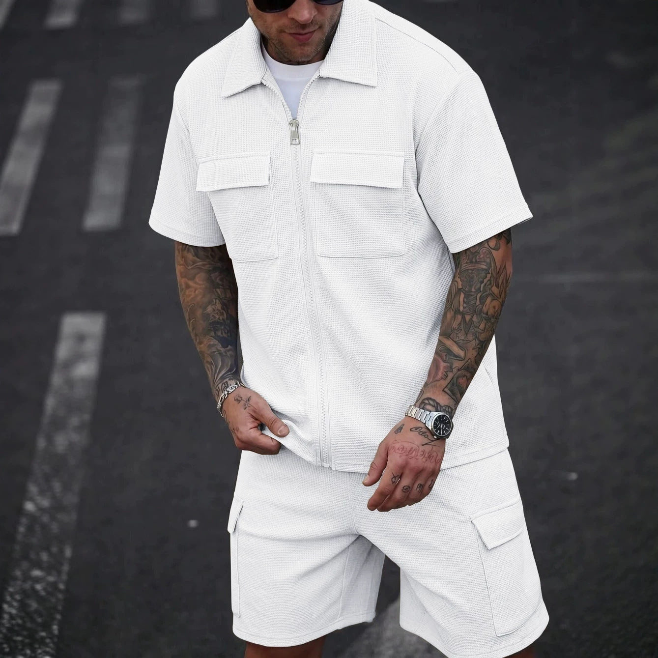 Mens Waffle Zipper Cardigan Shorts Set