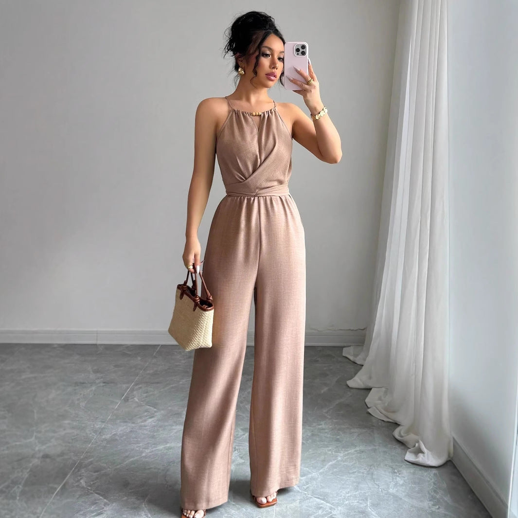 Khaki Pleated Off-Shoulder Jumpsuit
