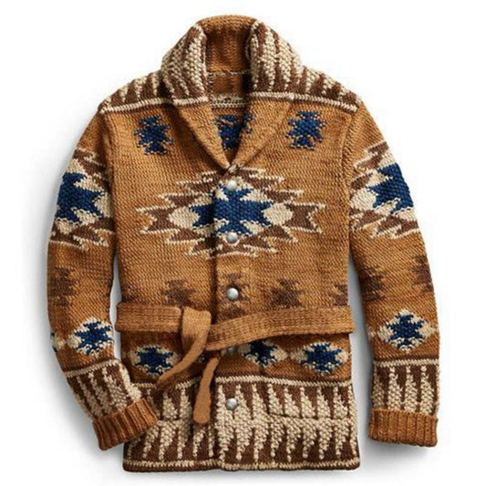 Cross-Border Men's Heavy-Duty Jacquard Sweater Amazon Autumn and Winter Thickened Cardigan Lace-Up Knit Sweater Jacket