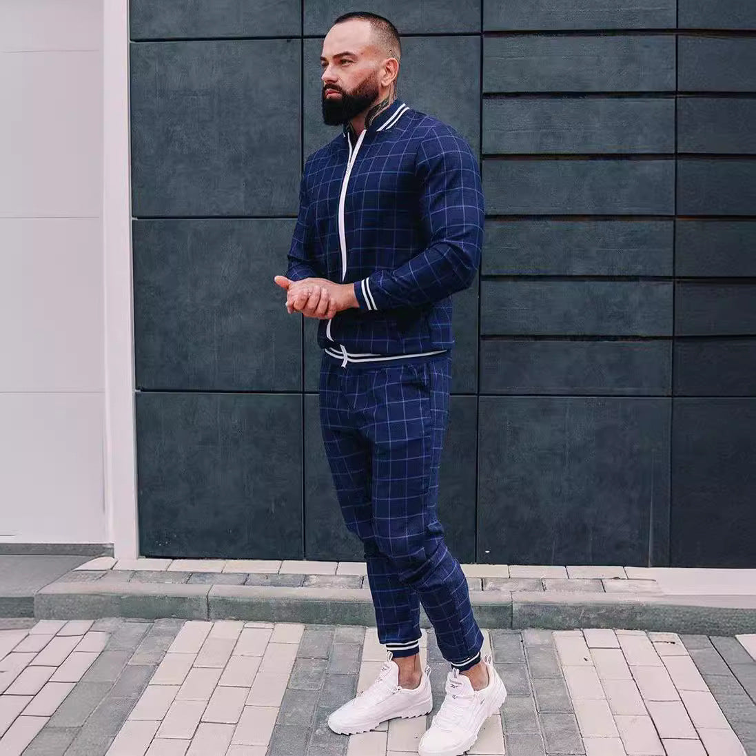 Men's Plaid Zipper Jacket and Pants Casual Sport Suit