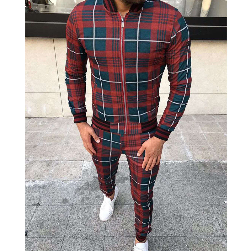 Men's Plaid Zipper Jacket and Pants Casual Sport Suit