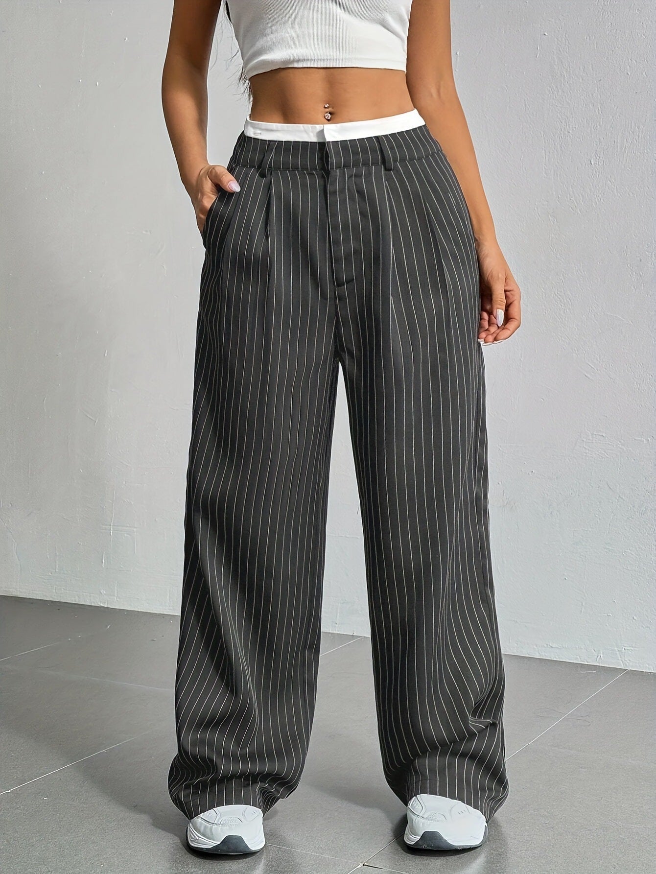 Pantalones de pernera recta a rayas de cintura alta