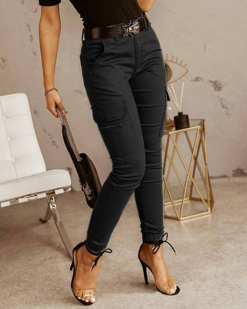 Women's Cotton Cargo Pants with Mid-Rise Waist