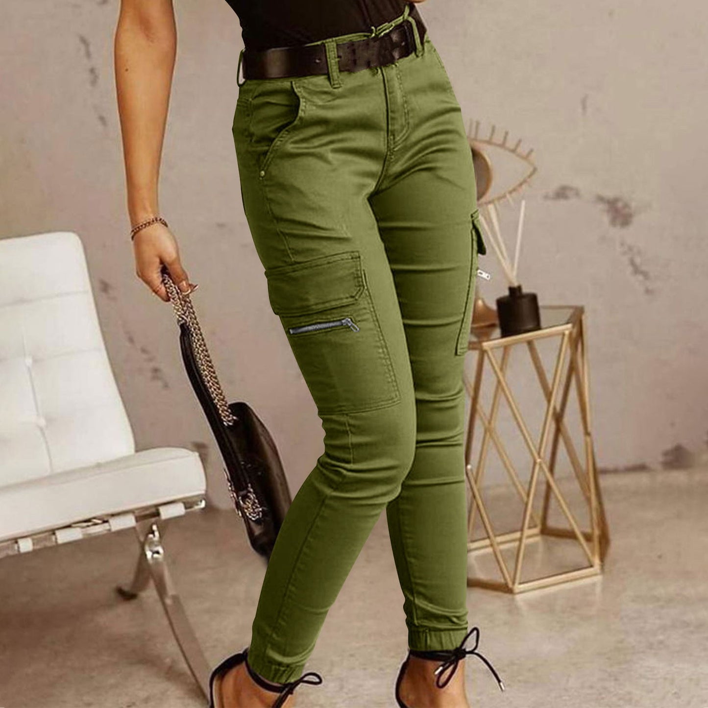 Women's Cotton Cargo Pants with Mid-Rise Waist