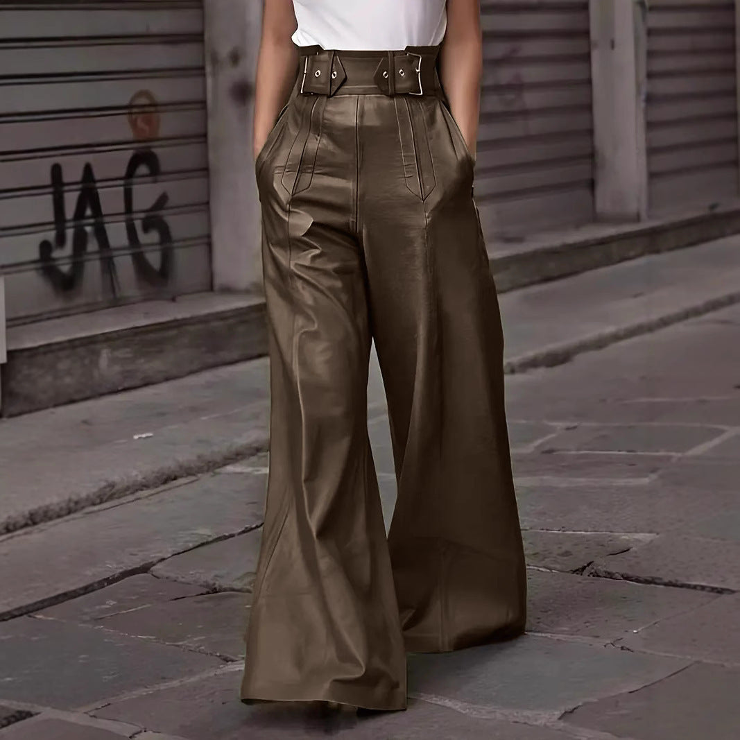 Pantalones de cuero PU acampanados de cintura alta 