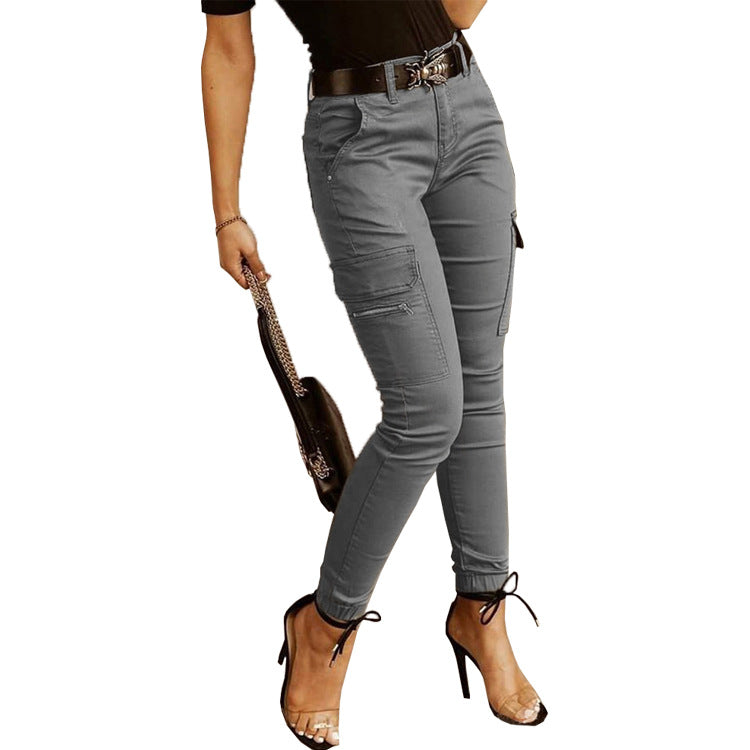 Women's Cotton Cargo Pants with Mid-Rise Waist