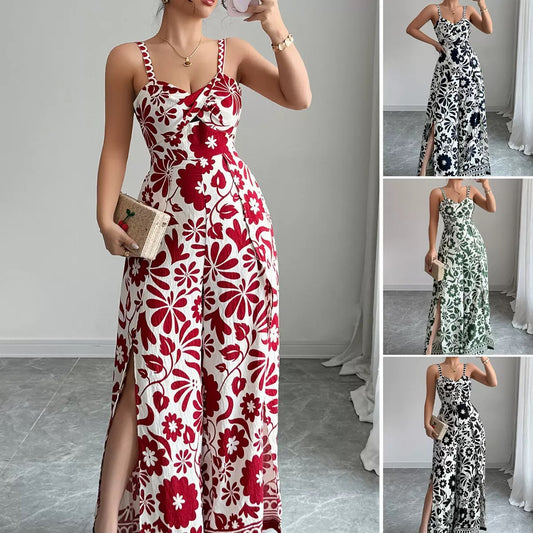 Elegant Printed Backless Wide-Leg Jumpsuit