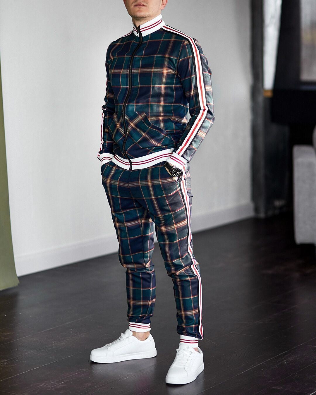 Men's Plaid Zipper Jacket and Pants Casual Sport Suit