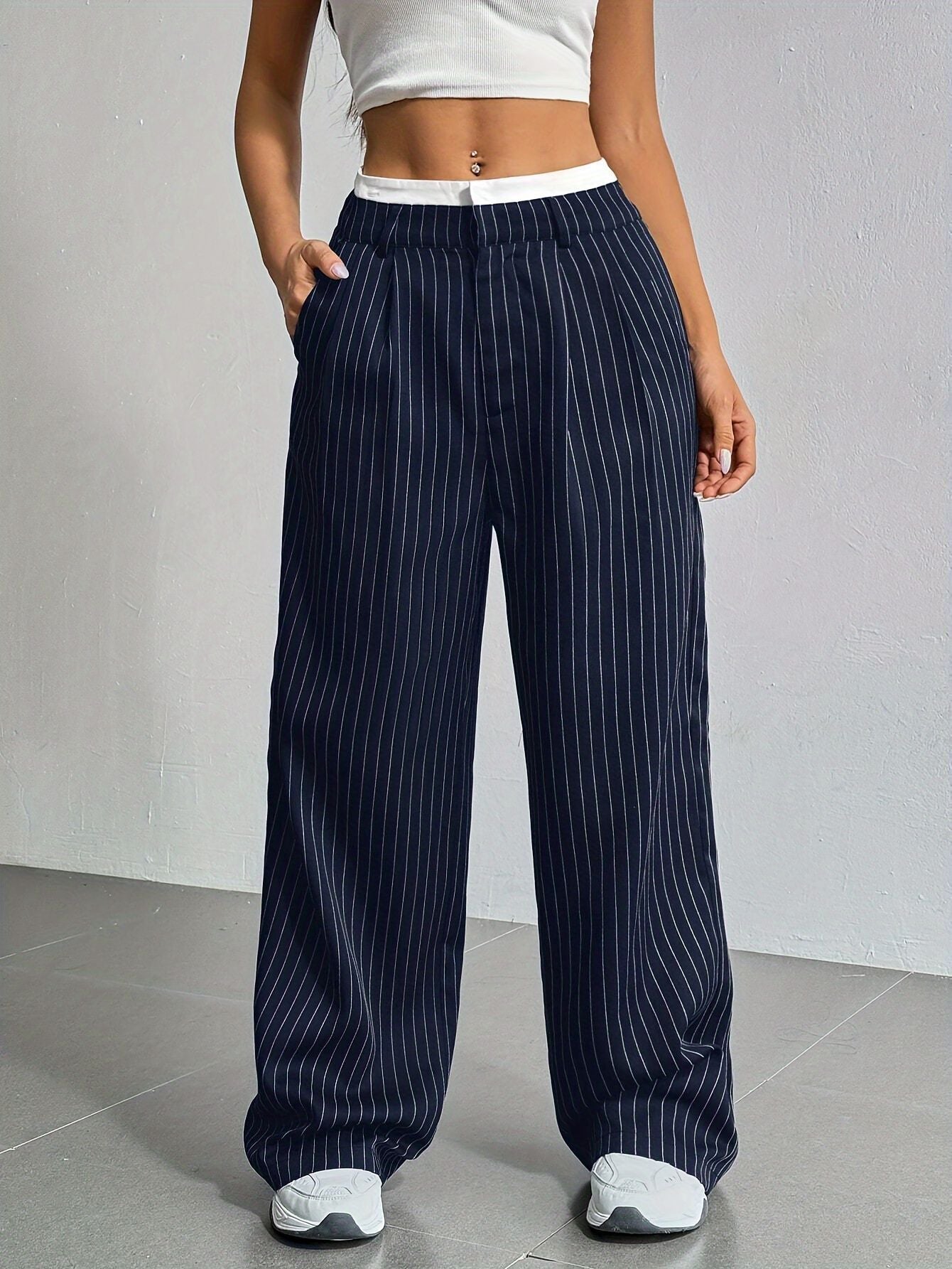 Pantalones de pernera recta a rayas de cintura alta