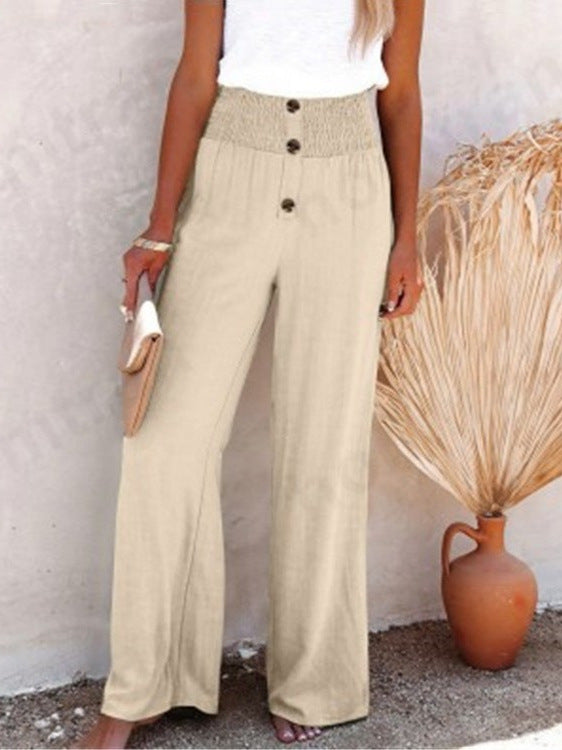 Pantalones casuales de pierna ancha de algodón y lino para mujer 