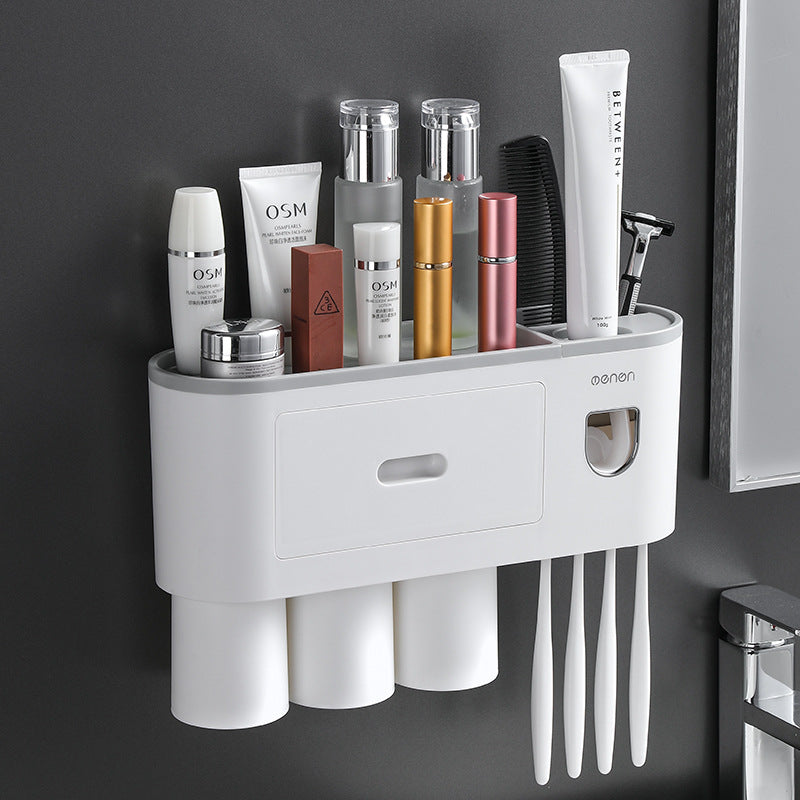 Wall-Mounted Toothbrush Cup Holder with Mouthwash Cup and Toothpaste Dispenser
