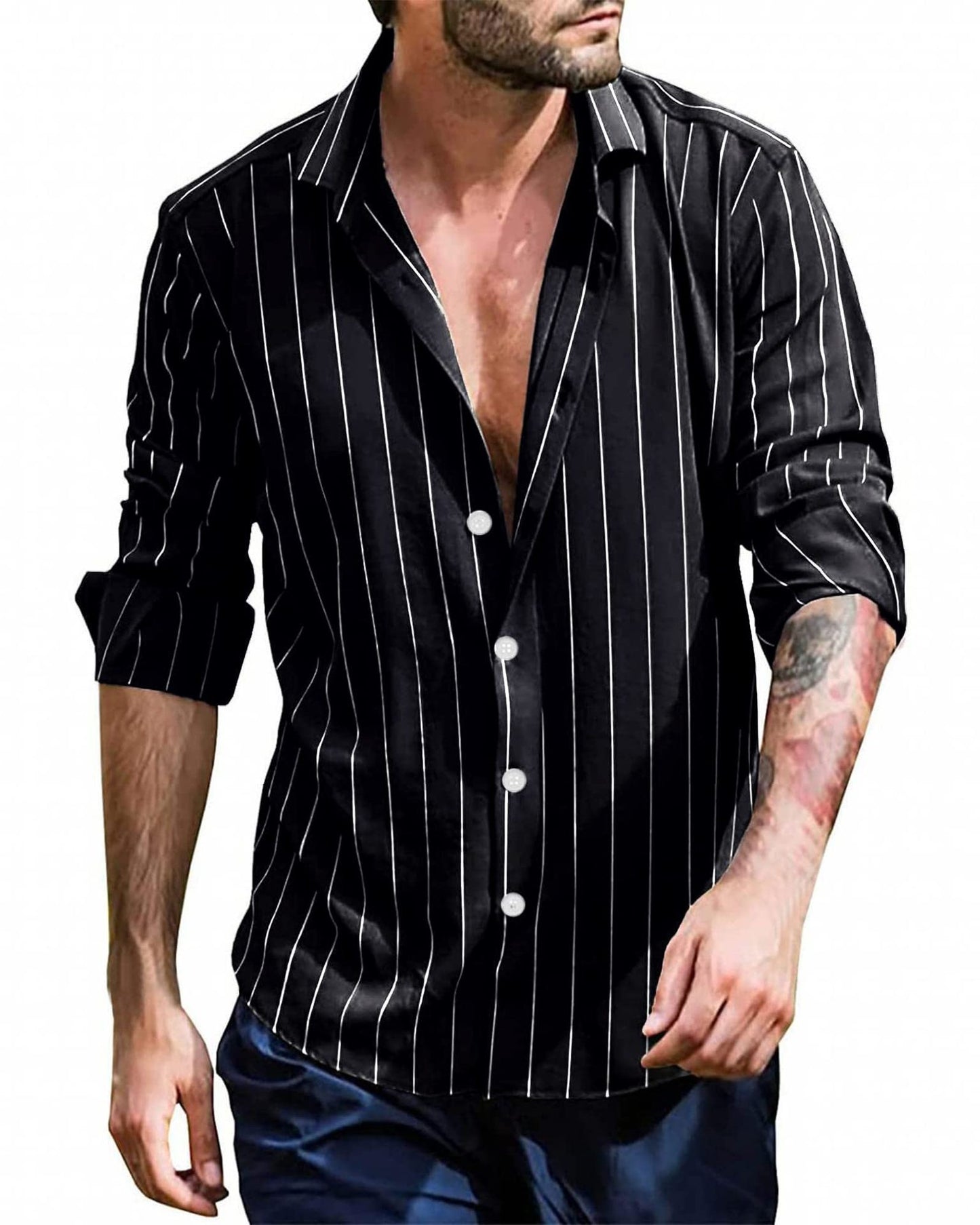 Mens Striped Long Cardigan with Lapel