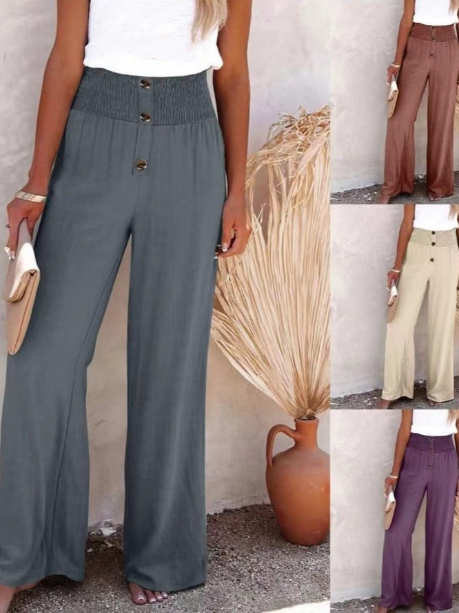 Pantalones casuales de pierna ancha de algodón y lino para mujer 
