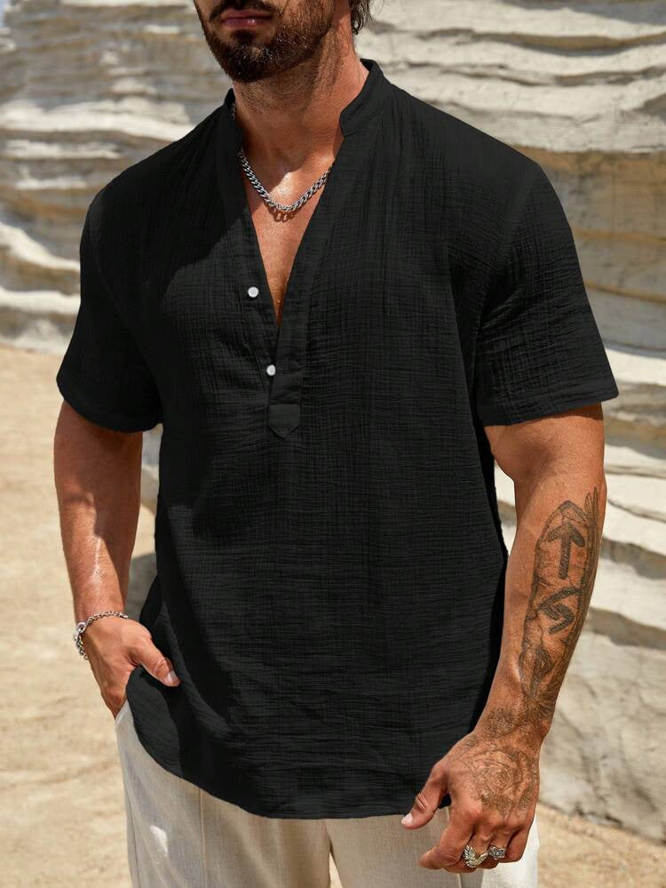 Solid color breathable stand collar short-sleeved shirt