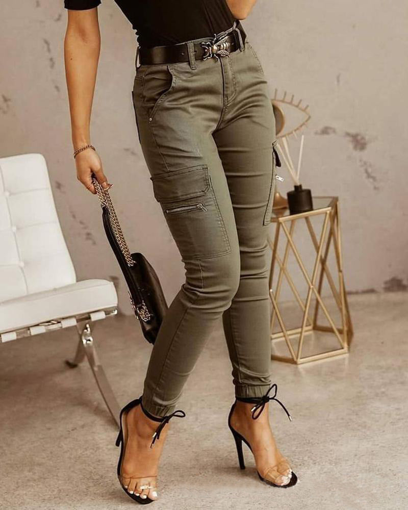 Women's Cotton Cargo Pants with Mid-Rise Waist