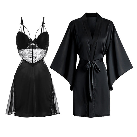 Lace Trim Ice Silk Pajama Set with Robe