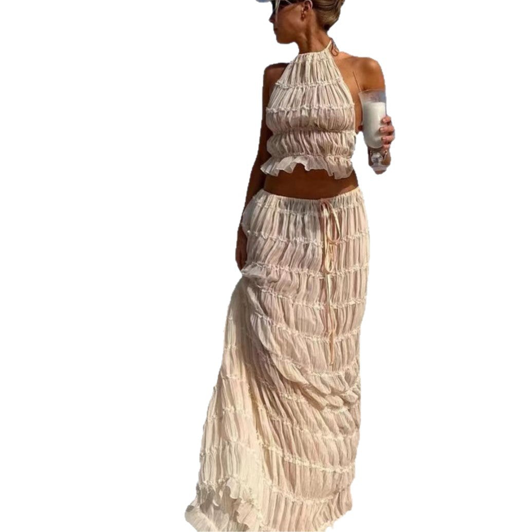 Lace-trimmed halter long dress