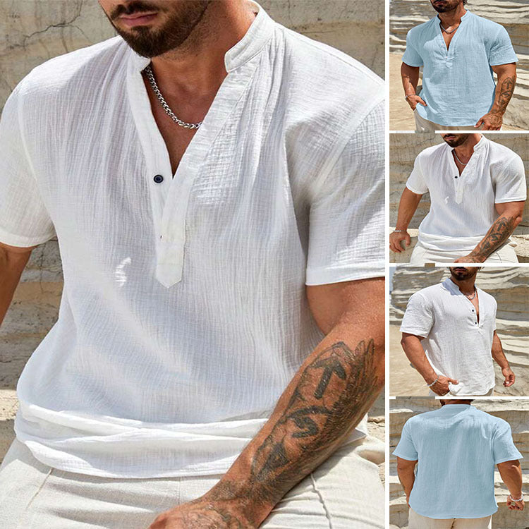 Solid color breathable stand collar short-sleeved shirt