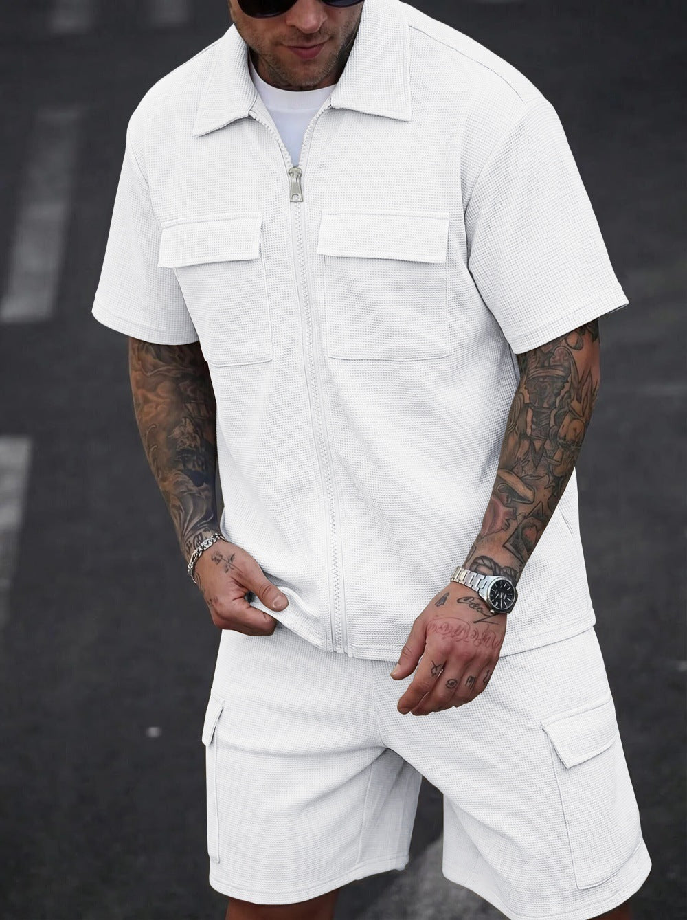 Mens Waffle Zipper Cardigan Shorts Set